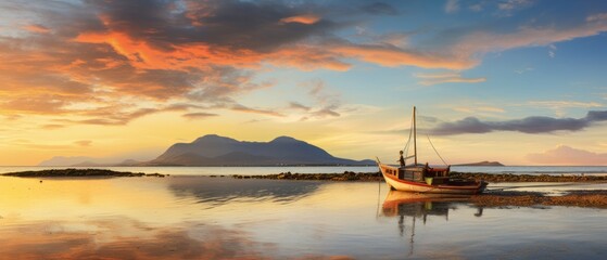 fishing boat silhouetted at sunset with le morne brabant in background, panoramic landscape