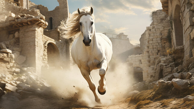 White horse running through a fortress ruins