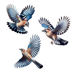 A set of Eurasian Jays flying on a transparent background