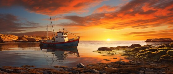 fishing boat silhouetted at sunset with le morne brabant in background, panoramic landscape