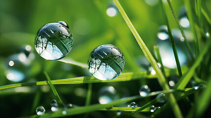 Macro of beautiful round dewdrops on grass