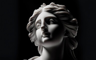 Ancient white marble sculpture head of young woman. Statue of sensual renaissance art era woman antique style