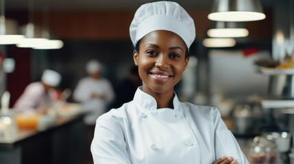 african american black woman as chef standing in kitchen with smile, ai - obrazy, fototapety, plakaty