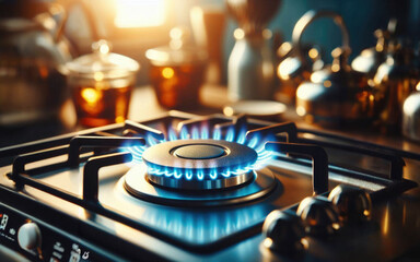 Closeup shot of blue fire from domestic kitchen stove top. Gas cooker with burning flames of propane gas. Industrial resources and economy concept. - obrazy, fototapety, plakaty