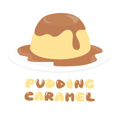Purin dessert. Japanese Caramel Custard pudding topped with caramel sauce. Asian food. Colorful Vector illustration isolated on white background.