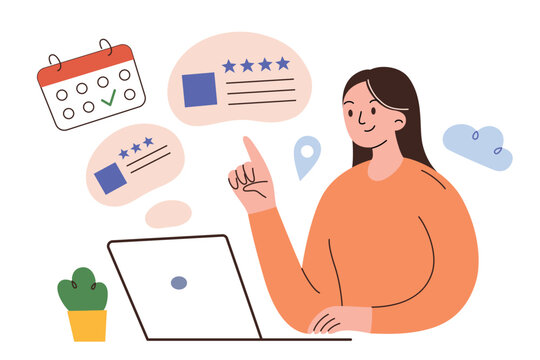 Woman booking hotel, travel planning hand drawn composition, vector illustration of girl choosing apartment or hostel for trip, online platform with accommodation rating, making vacation reservation