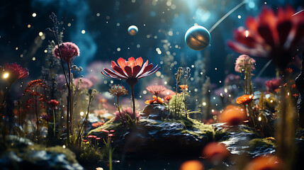 Galactic Garden, A surreal image of a garden floating in space, with planets as flowers and cosmic...