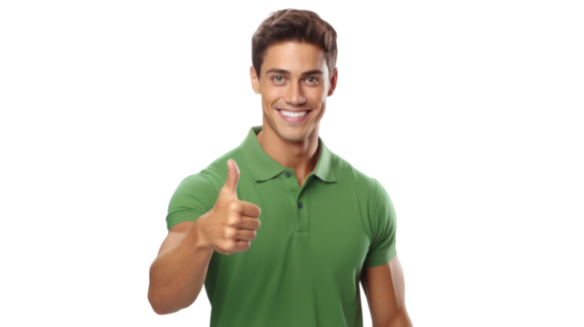 smiling young man with thumbs up in green shirt