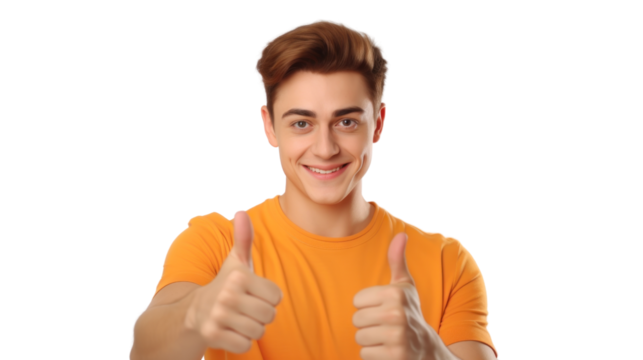 young man with thumbs up in orange shirt