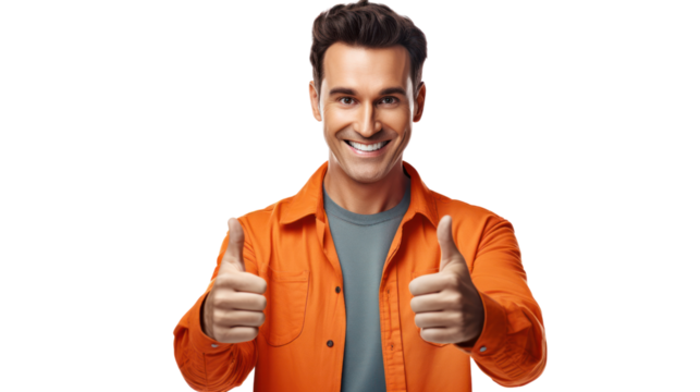 young man with thumbs up in orange shirt