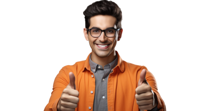 young man with thumbs up in orange shirt