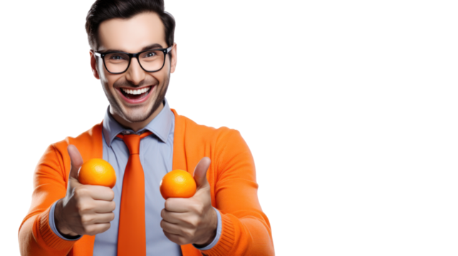 young man with thumbs up in orange shirt