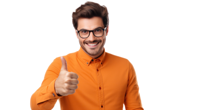 young man with thumbs up in orange shirt