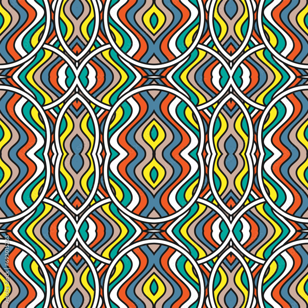 Poster seamless pattern with multi-colored ornaments in the style of the 70s. vector illustration