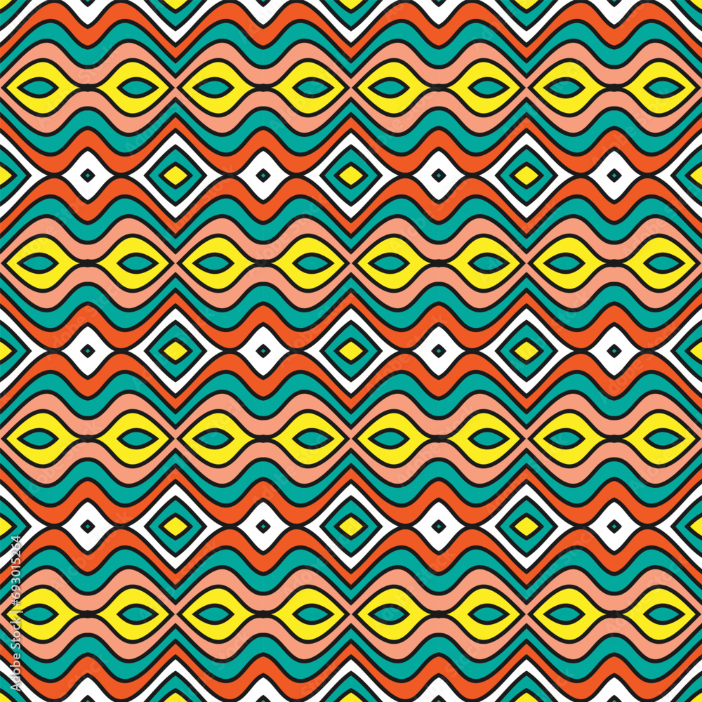 Poster seamless pattern with multi-colored horizontal ornament in the style of the 70s. vector illustration