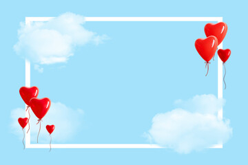 Heart shaped balloons with beautiful aerial clouds on blue backg