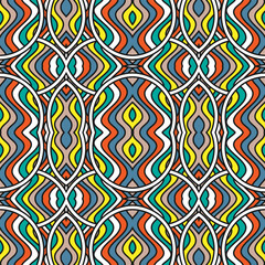 Seamless pattern with multi-colored ornaments in the style of the 70s. Vector illustration
