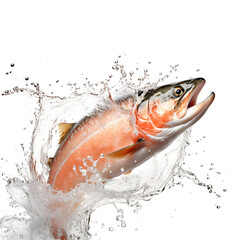 Atlantic salmon jumping out of the water isolated on transparent background, cut out