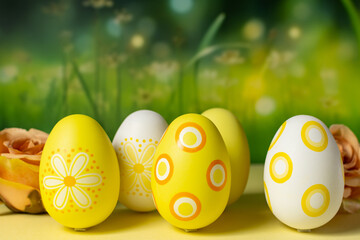 Front view of yellow Easter eggs on nature green blurred background, space for copy.