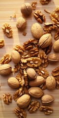 Fototapeta na wymiar walnuts on wooden table, for instagram story