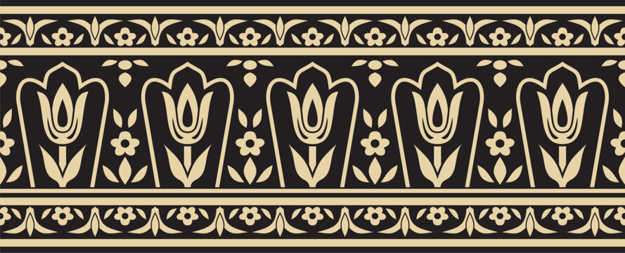 Vector gold and black seamless turkish ornament. Endless ottoman national border, frame