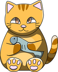 Cat with its fish toy vector drawing illustration