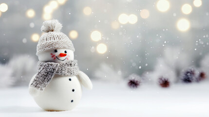 Obraz premium Happy smiling snowman with a red scarf and hat. The background is a snowy landscape with trees. Dreamy and magical mood.