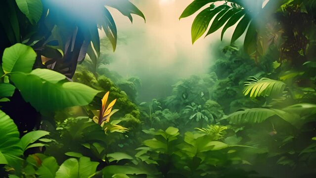 Beautiful jungle background with border made of tropical leaves. Exotic horizontal backdrop with copy space. AI generative.