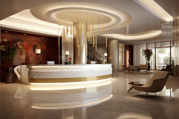 Interior of luxury hotel lobby zone with reception desk and relax zone for guest, modern style concept, entrance lobby for welcoming.