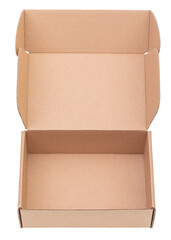 Open empty foldable cardboard box used for storage moving or shipping purposes isolated - obrazy, fototapety, plakaty