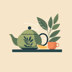 Green tea leaves, tea, kettle, cup, glass, vector illustration, icon sign template - obrazy, fototapety, plakaty