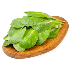 Fresh romaine lettuce on wooden board on white background, isolated