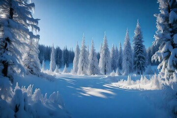 A snow-covered meadow with a frozen lake, where a row of illuminated Christmas trees creates a path to a magical holiday scene