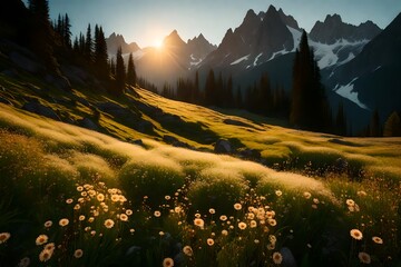 A tranquil alpine meadow framed by towering peaks, where the soft glow of the morning sun highlights dew-covered grass and blooming flowers in a mountain oasis.