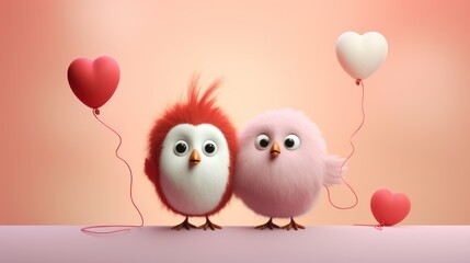 Obraz premium cute cartoon loving creatures celebrate valentine's day with pink heart. concept love, relationships, friendship