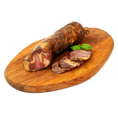 Homemade meat sausage on a wooden board on a white background, isolated