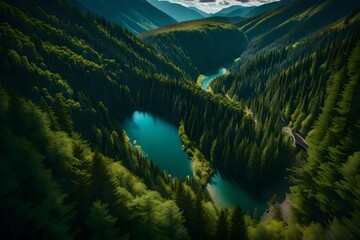 A breathtaking aerial view of a winding river cutting through a mountain valley, surrounded by dense forests and majestic peaks reaching towards the sky.