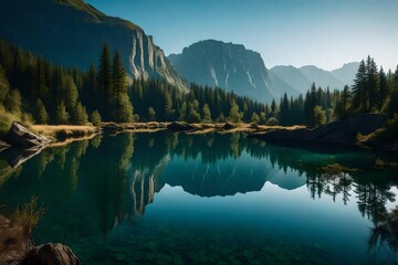 A tranquil and mirror-like lake surrounded by towering cliffs, the sky reflected in the still waters, creating a sense of calm and tranquility in nature.