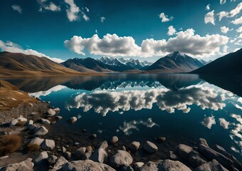 A serene mountain lake nestled between rolling hills, with the clear reflection of snow-capped peaks in the calm water under the vast, cloud-studded sky.