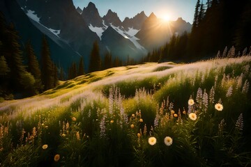 A tranquil alpine meadow framed by towering peaks, where the soft glow of the morning sun highlights dew-covered grass and blooming flowers in a mountain oasis.