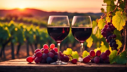 Schilderijen op glas Two glasses of red wine and a bunch of grapes on a table against the backdrop of a vineyard © Olena Kuzina