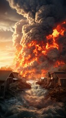 vertical post-apocalyptic city with a hurricane with rain, fire, lightning, high tsunami waves destroying the city. devastating disasters. concept global warming, disaster, post-apocalypse - obrazy, fototapety, plakaty