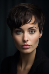 Fototapeta premium epic portrait woman . short hair. dark background. eyes style, hair style. 