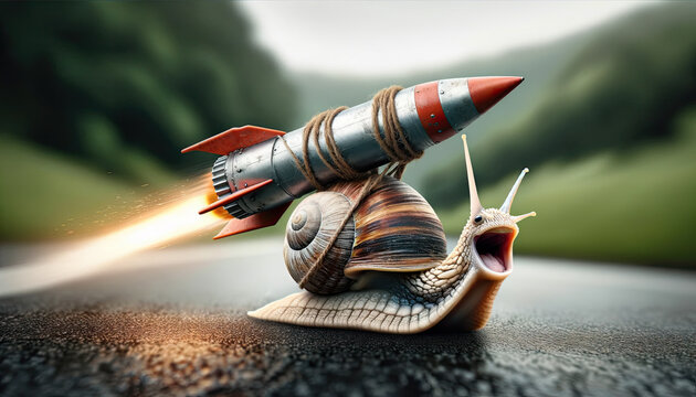 AI-generated image of a cute snail with a rocket strapped to his shell, looking excited as he is about to be launched forward at high speed.