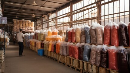bags of goods or food rice and wheat are waiting for shipment in a warehouse in the seaport. concept trade, business, logistics