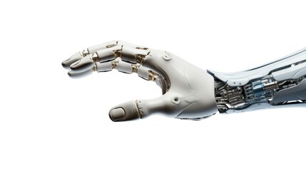 banner. robot hand on a white background with space for text. future technology concept, robots, androids, artificial intelligence