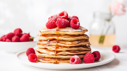 Pancake Day - Raspberry Pancakes with Maple Sirup. Blurred White Background. Happy Pancake Day.