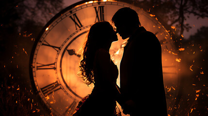First Kiss of the Year, Silhouette of a couple sharing a romantic kiss as the clock strikes midnight, illuminated by fireworks in the background - obrazy, fototapety, plakaty
