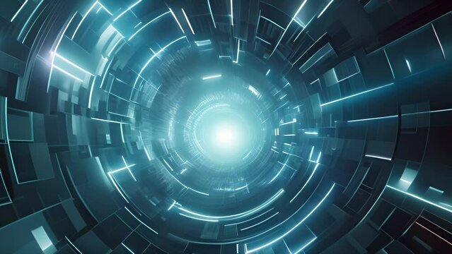 Digital cyberspace glowing tunnel with copy space. Blue color. Cyber data vortex. AI generative.