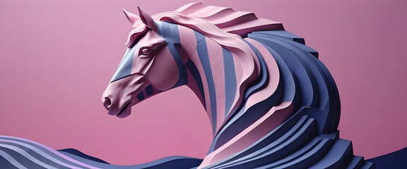 Horse wallpaper close-up carving style, pink and blue color palette, abstract style horse head wallpaper